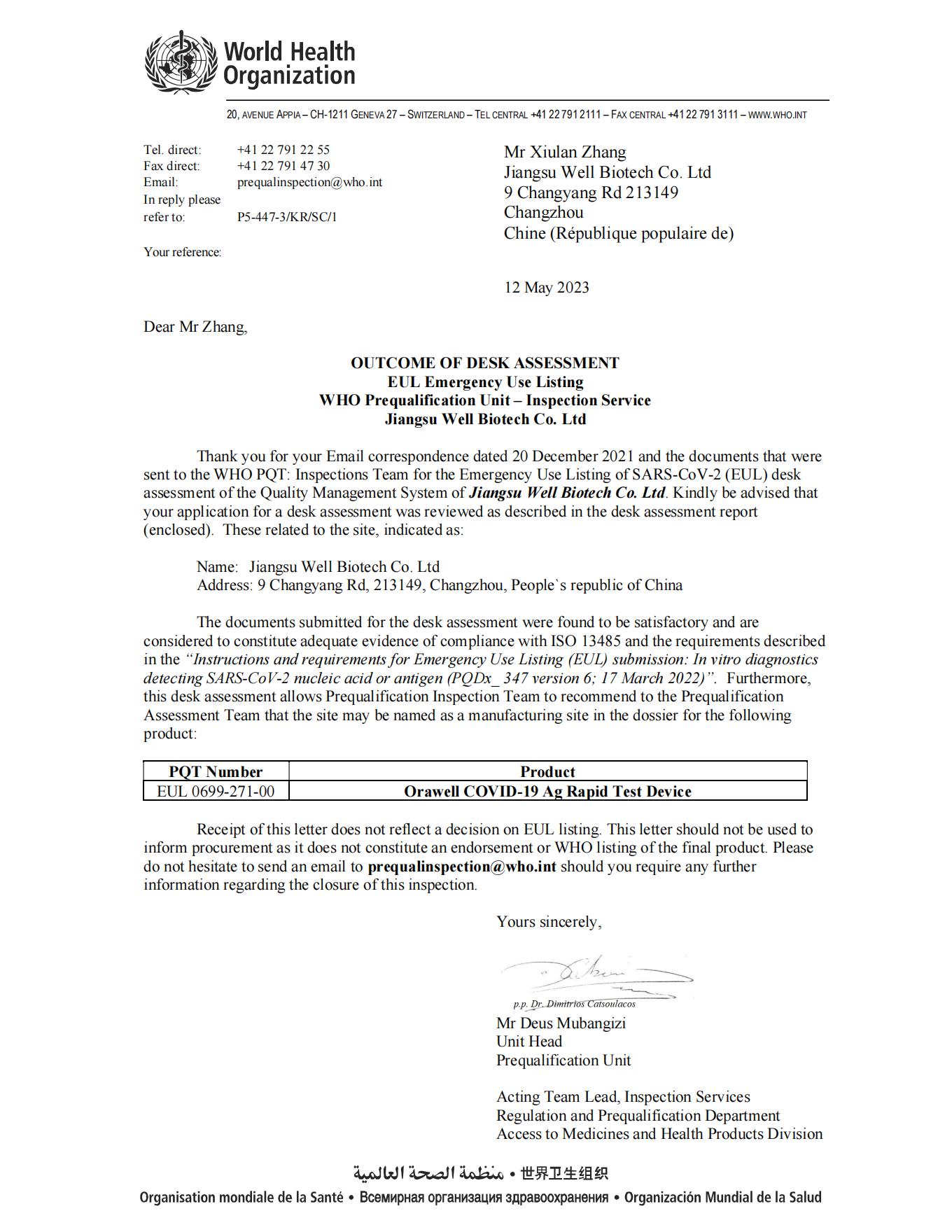 (EUL 0699-271-00) Desk Assessment Outcome Letter Jiangsu Well Biotech(1)_00.jpg